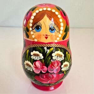 Russian Nesting Dolls Matryoshka Babushka Set of 5 Pink Gold Floral Signed Small